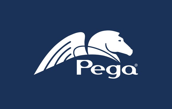 Pegasystems logo, white on a deep blue field.