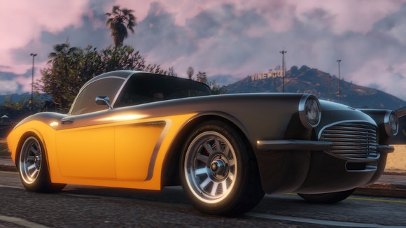A car driving down the street in 'Grand Theft Auto V'.