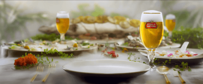 Glasses of Stella Artois on table with dinner