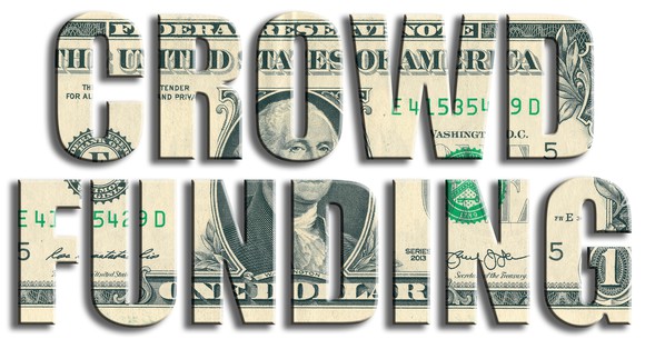 Crowd funding spelled out on dollar bill background