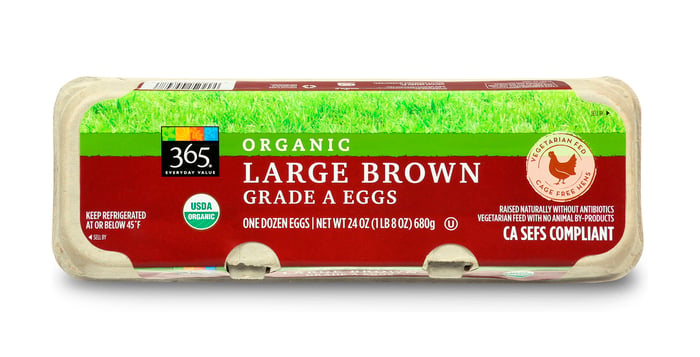 Carton of organic large brown Grade A eggs.