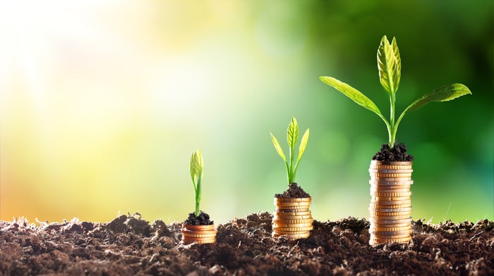 Thee stacks of coins increasing in height, topped with green sprouts spreading their leaves wider and wider.