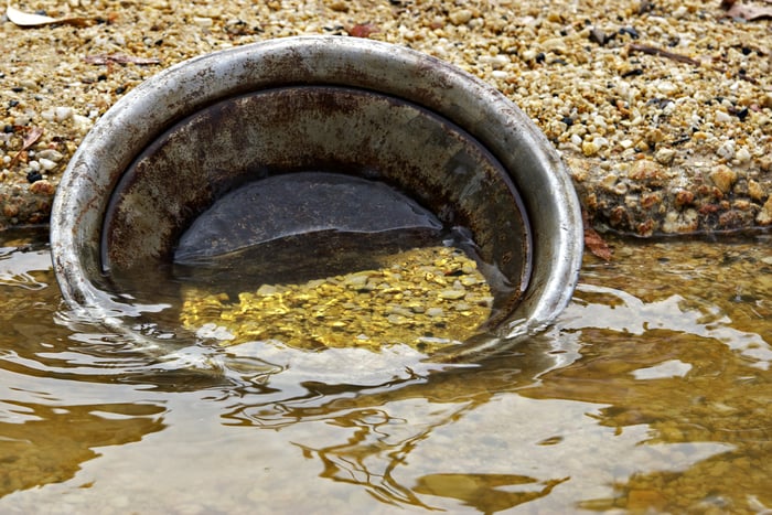 A pan with gold flakes inside at a river. 