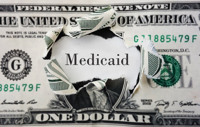 A one-dollar bill with George Washington's head removed and the word "Medicaid" written in place. 