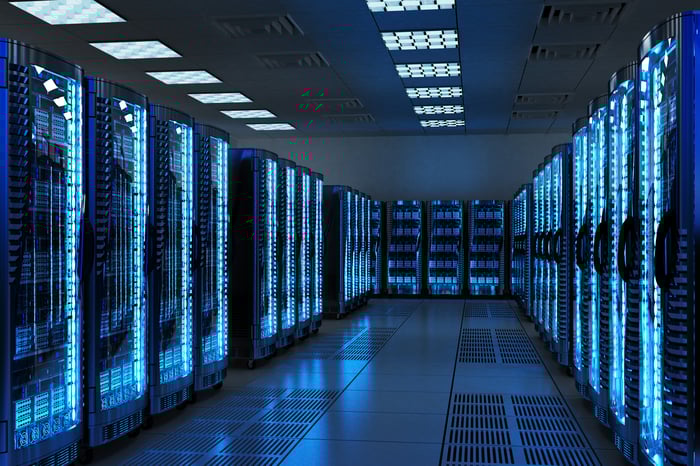 Interior view of a data center -- servers on racks.