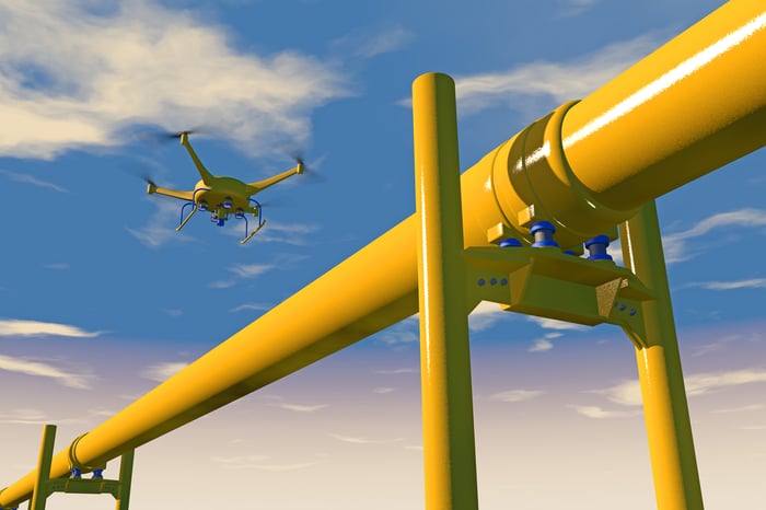 A drone flying over an oil or gas pipeline to inspect it. Blue sky background. 