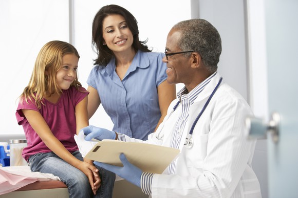 woman and girl talking to doctor in hospital room