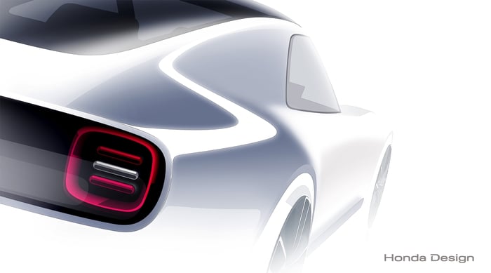 An illustration showing a partial rear view of a low-slung sports car with classic coupe proportions.