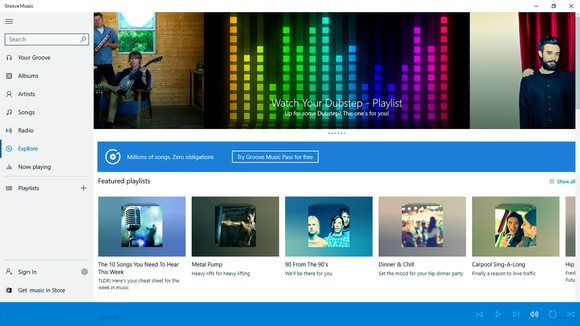 Interface of Groove Music app