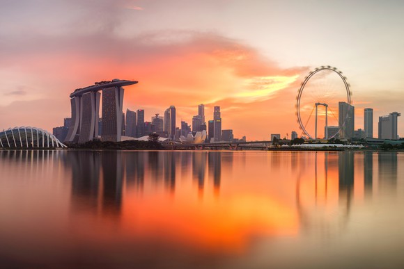 Singapore City skyline at sunset.