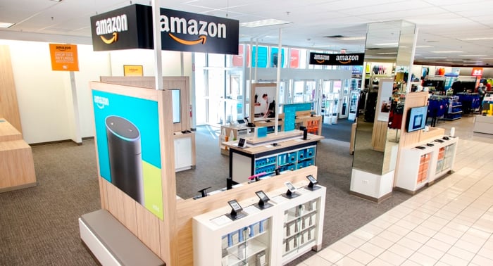 A collection of Amazon devices displayed in the front of a Kohl's store