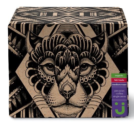 Box of organic fair-trade single-serve coffee pods dominated by a stylized lion's head