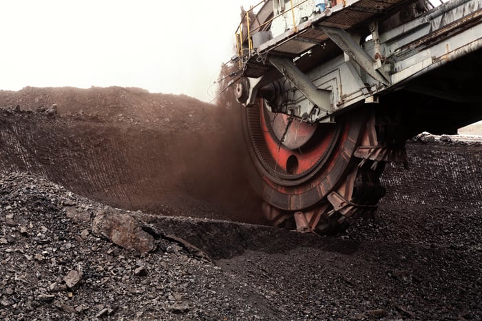 A bucket wheel excavator for digging into coal.