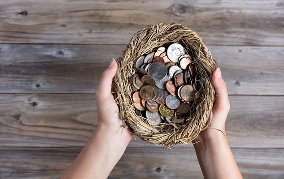 Hands hold a nest filled with coins.