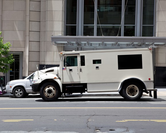 A white armored truck parked in front of a large building on a city street.