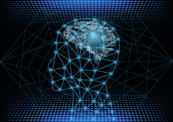 Outline of a person's head with series of 0s and 1s inside the brain area. Concept for artificial intelligence, as the binary system on computers uses combinations of 0s and 1s.