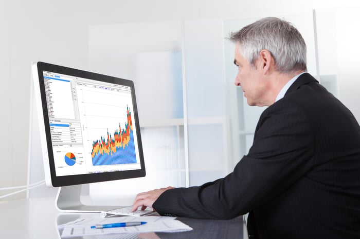 Senior man looking at computer screen with bar chart and pie chart on it