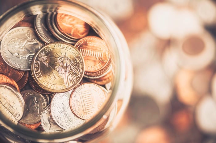 Photo of U.S. coins in coin jar.