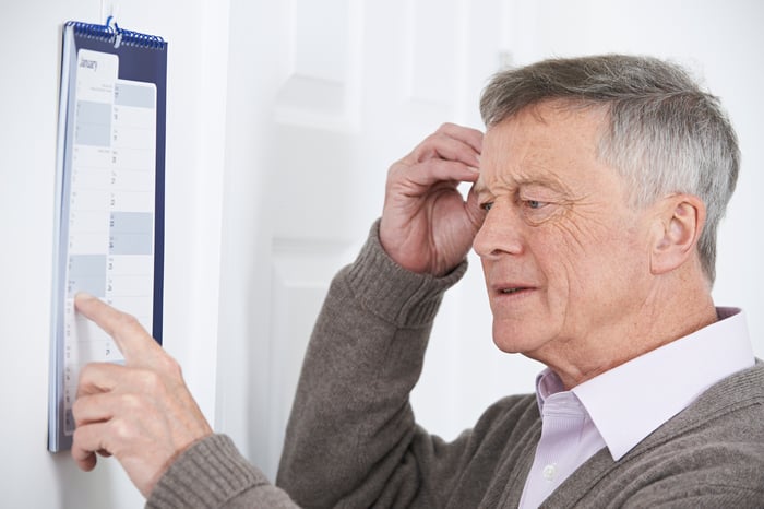 Senior man scratching his head and looking at a wall calendar