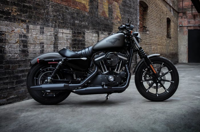 The Harley-Davidson Sportster Iron 883 parked in front of a brick wall. The Harley-Davidson Sportster Iron 883 parked in front of a brick wall.