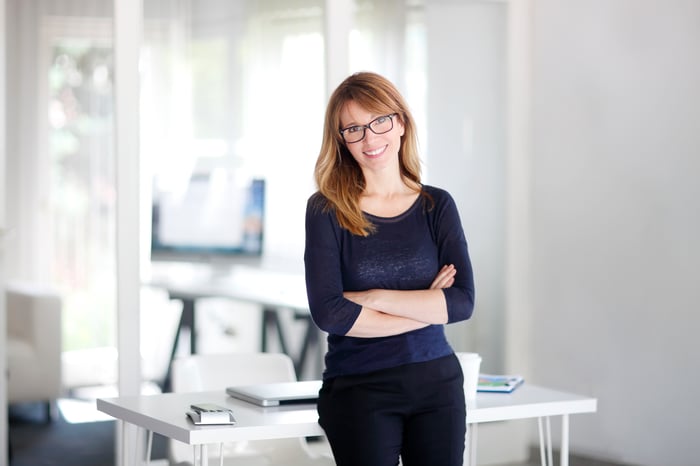 Smiling professional woman in front of a desk