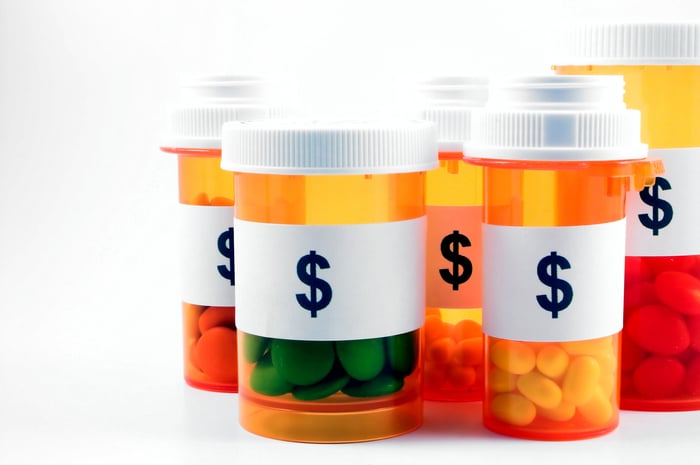 Generic pill bottles labeled with a dollar sign.