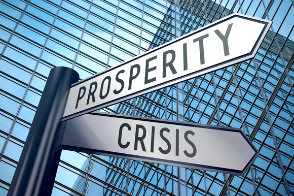 Crisis and prosperity street signs with building in background