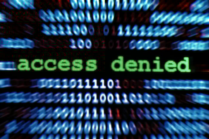 The words access denied surrounded by binary code.