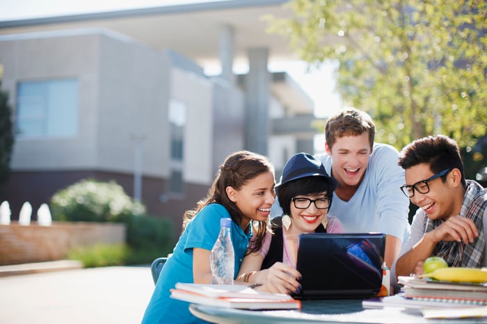 College-age people smiling and all looking at a single laptop screen on a sunny day.