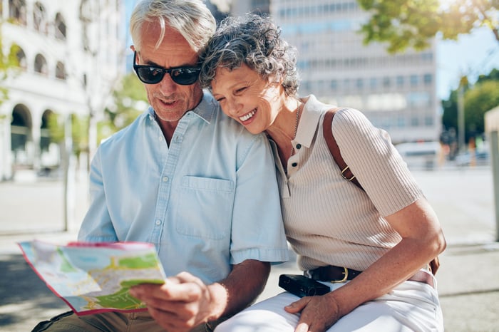 Senior couple looking at a map