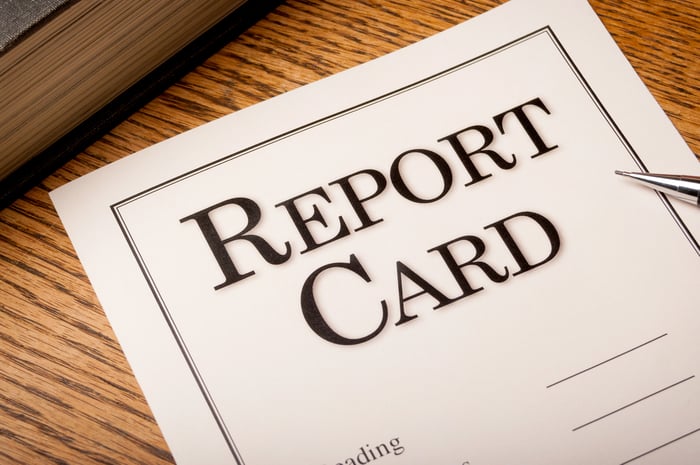 A report card sitting on a table.