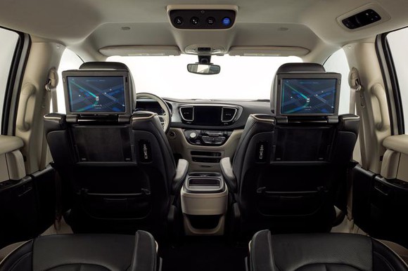 The interior of a self-driving minivan.