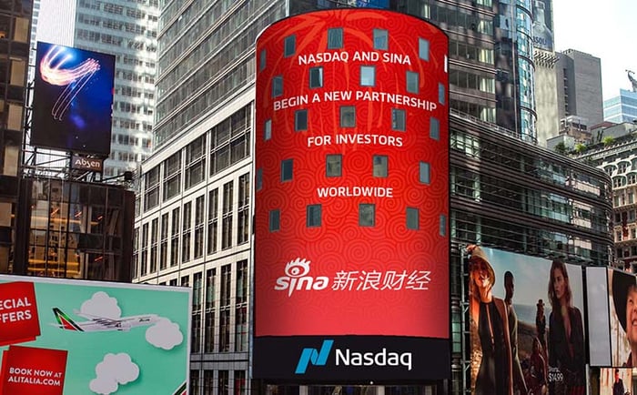 Outdoor electronic billboard advertisement for Sina Weibo services powered by Nasdaq.