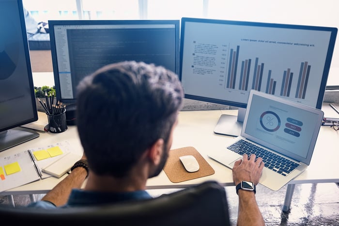 Man performing business analysis on several computer screens.