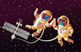 Cartoon astronauts on a space walk near ISS