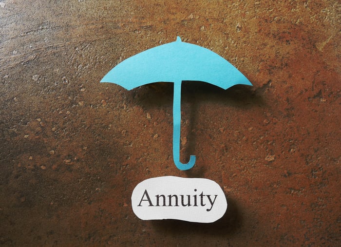 Blue umbrella cut out of paper, with the word annuity under it