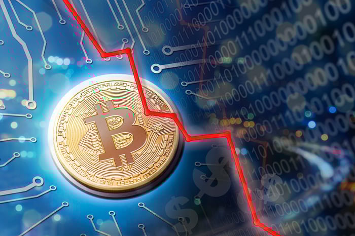 A physical gold bitcoin with a declining red line, surrounded by binary code and circuitry.