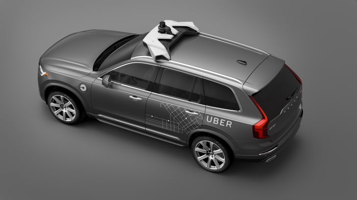 A Volvo SUV with Uber logos and visible self-driving sensor hardware, shown from above.