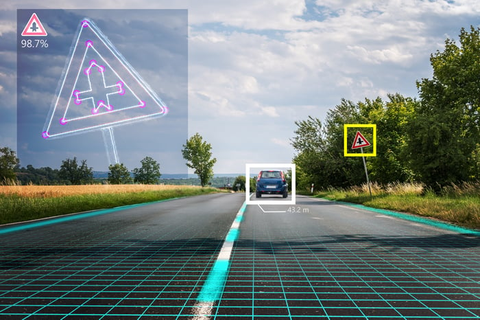 The front view from the inside of an autonomous or semi-autonomous vehicle traveling on a two-lane road in a rural area.