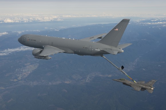 KC-46 tanker refuels an F-16