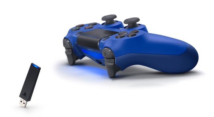 A wireless PS4 controller.