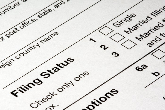 Close-up of part of a tax form asking for filing status -- single, married, etc.