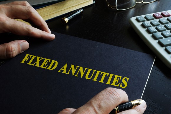 Book on desk with "Fixed annuities" printed on it.