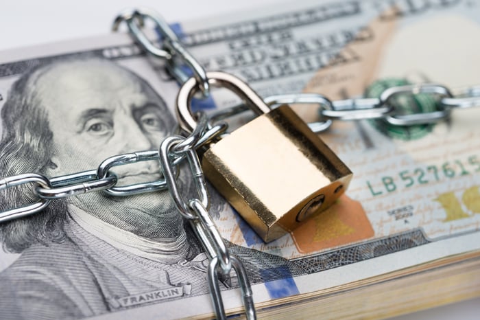 Chain and padlock wrapped around stack of hundred dollar bills