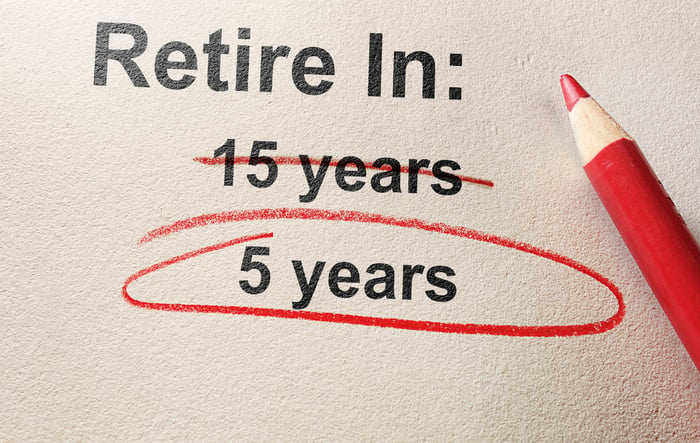 the words retire in 15 years printed, with 15 years crossed out and 5 years printed below it and circled in red