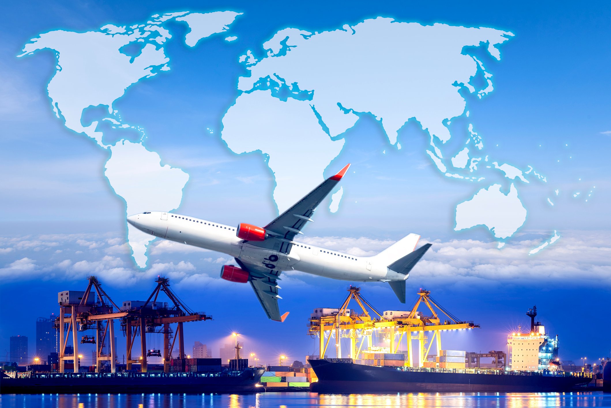 Air freighter superimposed against world map background