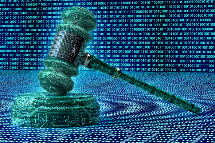 A digital judge's gavel, surrounded by binary code. 