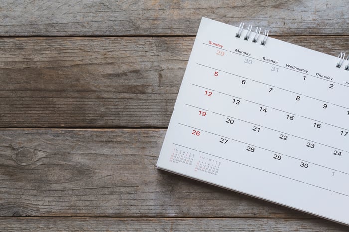 Calendar sitting on wooden surface