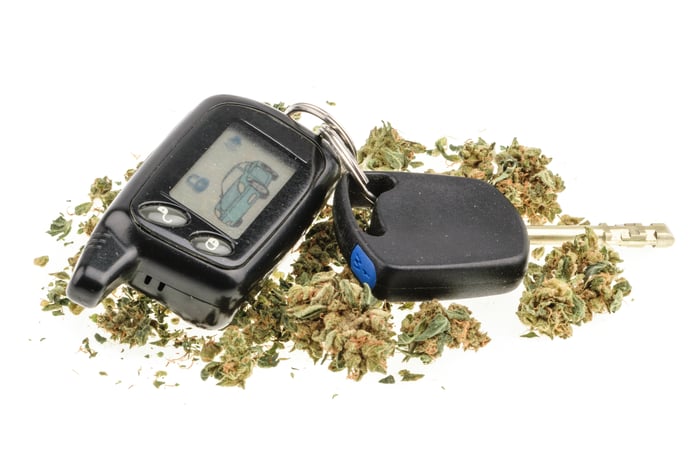 A car key fob surrounded by dried cannabis.