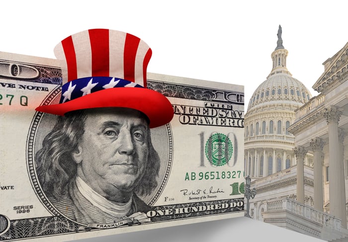 A hundred dollar bill, with Ben Franklin wearing Uncle Sam's America-themed hat, next to the Capitol building. 